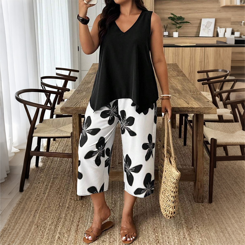 Marissa - Top asymétrique au toucher doux & ensemble pantacourt fleuri