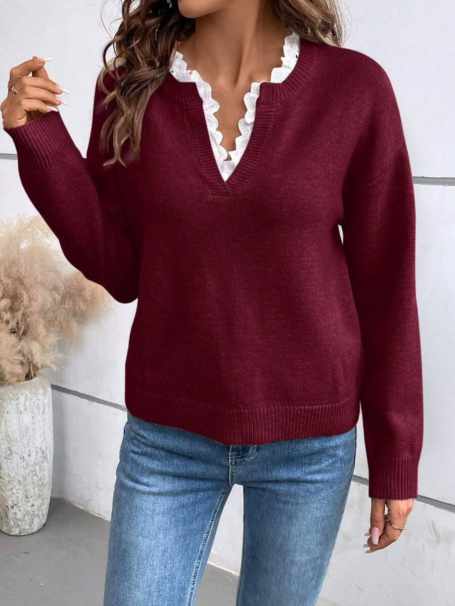 Aloraine - Pull col V en dentelle, toucher doux