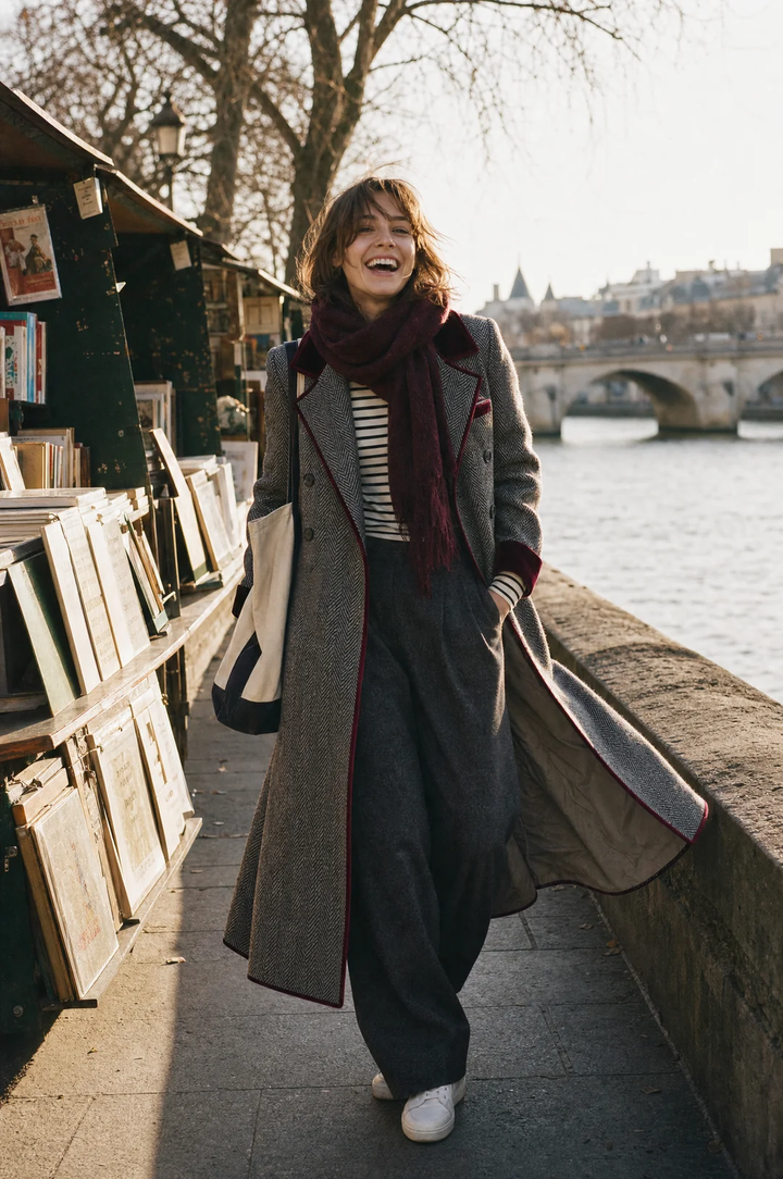 Sanna - Manteau long en pied-de-poule, coupe tailleur