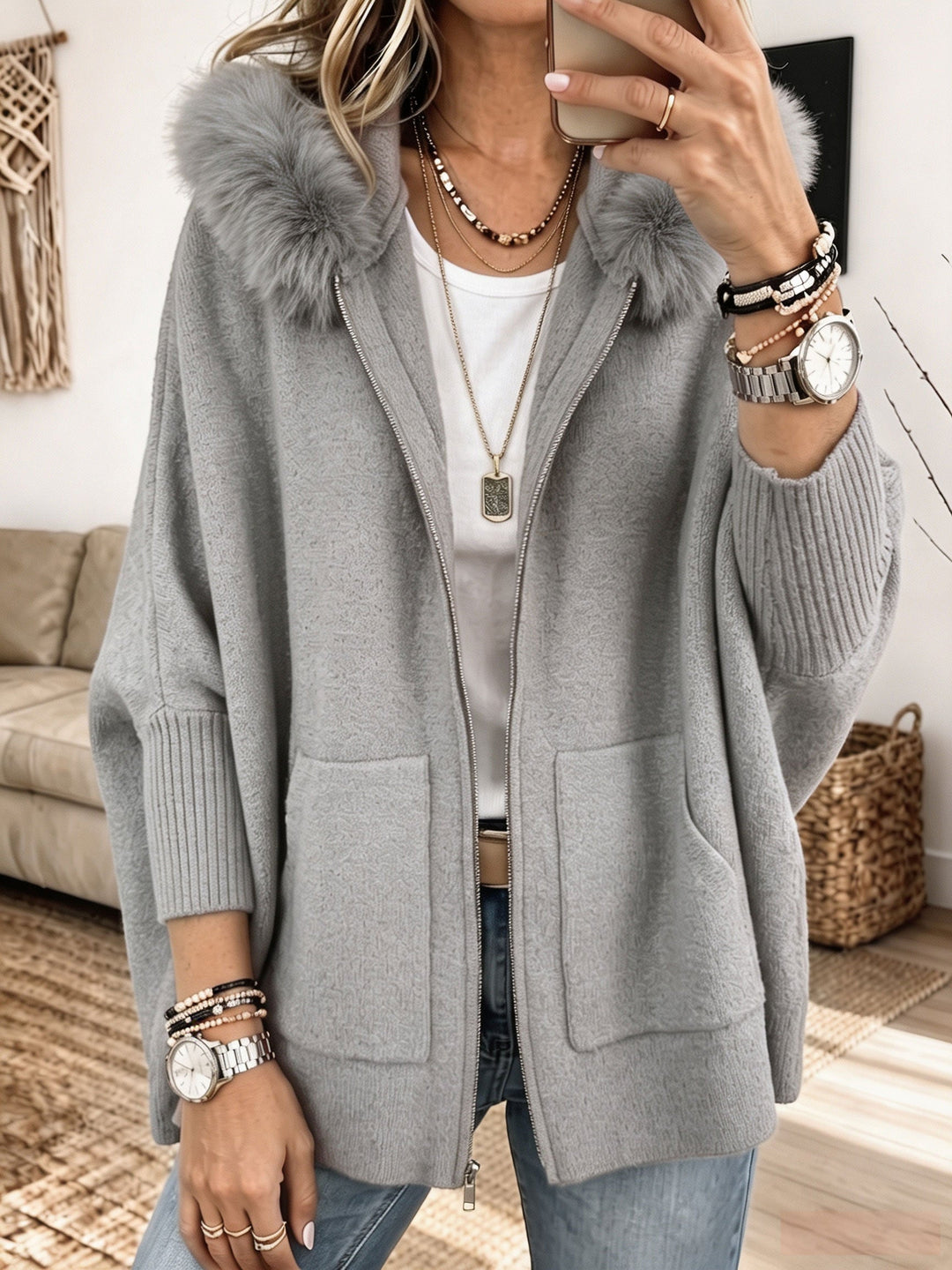 Veronelle - Cardigan à capuche zippé doux au toucher