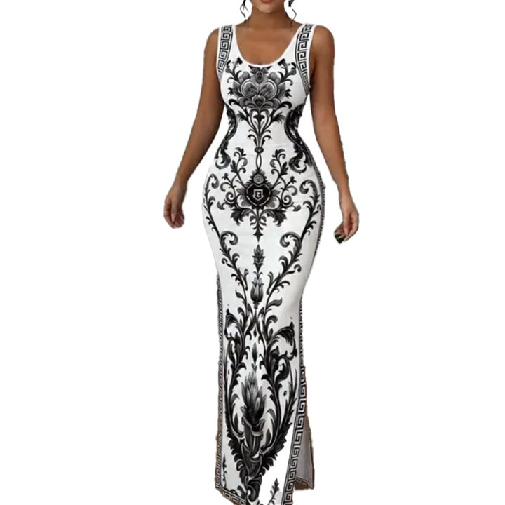 Marcella - Robe longue à motif porcelaine à fente latérale