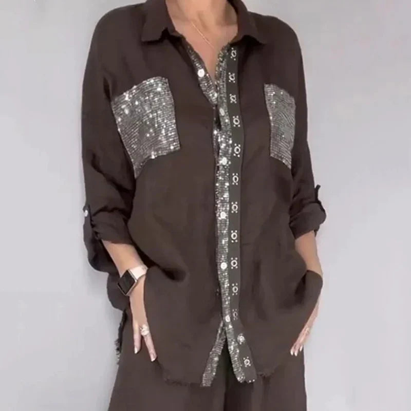 Oriavelle - Ensemble blouse et pantalon à sequins de luxe