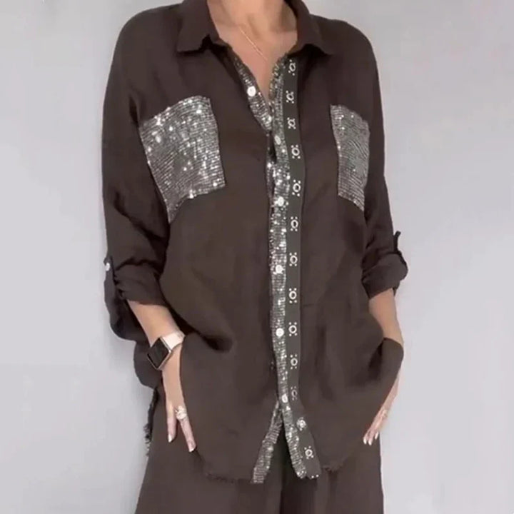 Oriavelle - Ensemble blouse et pantalon à sequins de luxe