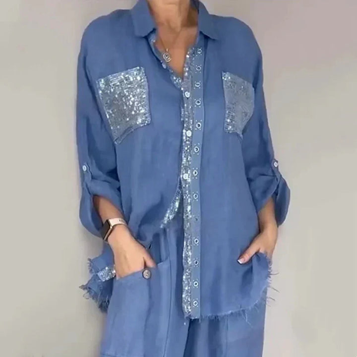 Oriavelle - Ensemble blouse et pantalon à sequins de luxe