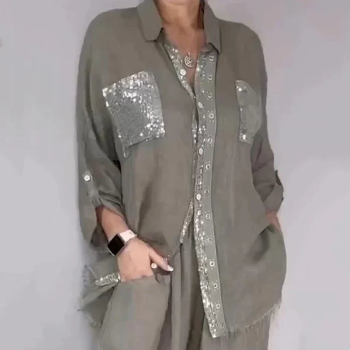 Oriavelle - Ensemble blouse et pantalon à sequins de luxe