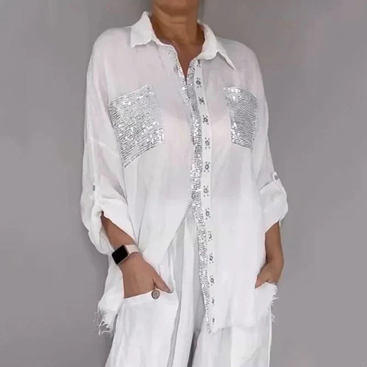 Oriavelle - Ensemble blouse et pantalon à sequins de luxe